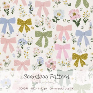 May include: A seamless pattern featuring hand-painted bows in various colors, including pink, blue, and gold, interspersed with floral elements on a cream background. The bows have solid and polka-dot designs. The text "Seamless Pattern" is at the bottom.