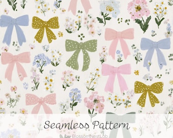 Nahtloses Muster mit mädchenhaften Schleifen, digitales Papier mit pastellfarbenen Schleifen und kleinem Blumendruck, niedlicher Aquarellblumenhintergrund, feminines Stoffdesign, Tapete im Landhausstil