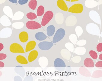 Nahtloses Blattmuster im skandinavischen Stil, minimalistisches botanisches Druckpapier, pastellfarbener Hintergrund im nordischen Stil, graues neutrales Stoffdesign, digitaler Download.