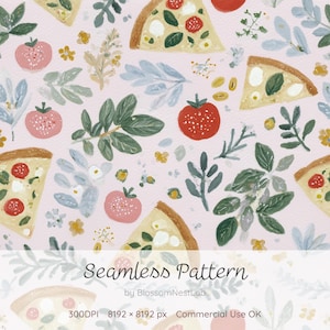 Peut inclure: Un motif répétitif composé de parts de pizza, de tomates rouges et de branches feuillues vertes sur un fond rose clair. Le texte indique Seamless Pattern by BlossomNestLab 300DPI 8192 x 8192 px Commercial Use OK. Le design inclut de petites fleurs jaunes.