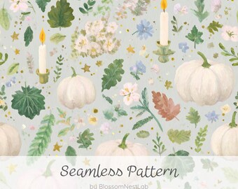 Nahtloses Muster mit hellen Kürbissen und Pflanzen, sanftes digitales Papier mit Aquarell-Botanik- und Kerzenmotiven für Halloween und Thanksgiving, Hintergrundmaterial im Landhausstil für den Herbst.