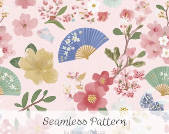 Nahtloses japanisches Blumenmuster, digitales Fächerpapier mit Kirschblüten-Wellenmuster, pastellfarbener Aquarellhintergrund, asiatisches Textil-/Kimono-Design, japanisches Design, digitaler Download