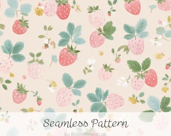 Nahtloses Erdbeer- und Blumenmuster, digitales Papier im Aquarellstil mit Früchten und Blumen, niedliches rosa Beerenmotiv, Stoffdruck, pastellfarbene Mädchentapete