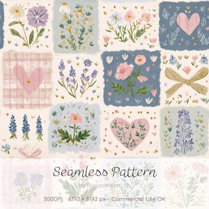May include: A seamless pattern featuring a grid of hand-painted illustrations including various flowers, pink hearts, and a tan ribbon on a cream background. The text reads Seamless Pattern by BlossomNestLab 300DPI 8192 x 8192 px Commercial Use OK.