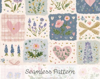 Motif patchwork floral sans couture, papier peint numérique girly avec cœurs et rubans, papier peint cottagecore, motif de tissu matelassé peint à la main à l'aquarelle