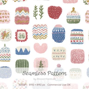 May include: A seamless pattern featuring various hand-drawn style shapes including textured squares, circles, and heart motifs in shades of pink, blue, green, and gold. The design includes small sprigs, a tree, and geometric patterns on a white background.
