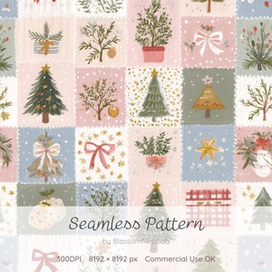 Christmas Patchwork Seamless Pattern, Watercolor Christmas Tree, Ribbon, Gift Box, Cottagecore Holiday Digital Paper, Quilt Fabric Design