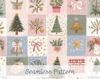Handgemaltes, nahtloses Aquarell-Patchworkmuster für Weihnachten, digitales Papier im Cottagecore-Stil mit Weihnachtsbäumen und Bändern, Stoffdesign für die Winterfeiertage.