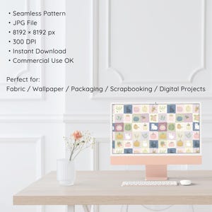May include: A digital seamless pattern file displayed on a computer monitor, featuring a grid of pastel-colored squares with illustrations of cats, pumpkins, and foliage. Text lists specifications including 8192 x 8192 px and 300 DPI.