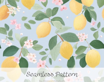 Nahtloses Zitronenmuster, digitales Papier im Aquarellstil mit Zitrusblumen, sommerlicher Früchtehintergrund, Stoffdruck, Tapete, digitaler Download, JPG