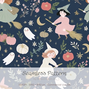 Puede incluir: Un patrón continuo sobre fondo azul oscuro con ilustraciones de brujas volando en escobas, fantasmas blancos, calabazas en tonos rosa y crema, lunas crecientes, estrellas y elementos florales. El texto dice Seamless Pattern.