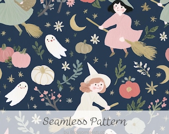 Cute Halloween Witch Seamless Pattern, Watercolor Fall Digital Paper, Flying Witches, Ghosts, Pumpkins and Floral Night Sky Background JPG