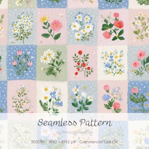 May include: A seamless pattern featuring a grid of floral illustrations. Each square showcases a different arrangement of flowers in various colors, including pink, blue, yellow, and white, set against pastel backgrounds. The text "Seamless Pattern" is displayed at the bottom.