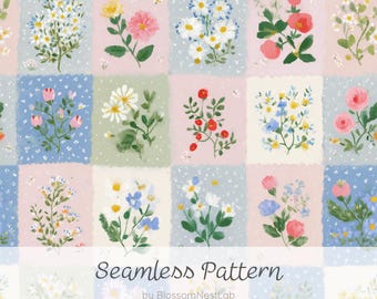 Motifs patchwork floraux preppy sans couture, dessins de fleurs naturelles aux pastels aquarelle, papier numérique style cottage scandinave.