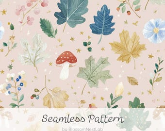 Autumn Leaves Seamless Pattern, Watercolor Fall Foliage, Acorns, Mushrooms and Woodland Botanical Digital Paper, Cottagecore Background JPG