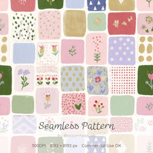 May include: A seamless pattern design featuring a grid of colorful squares. Each square contains a unique design, including dots, flowers, and abstract shapes in pastel colors. The text "Seamless Pattern" is displayed at the bottom.