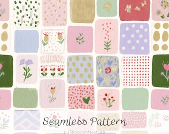 Motif patchwork sans couture, papier numérique fleuri style courtepointe, motif textile style cottage core, fond à motifs carrés style aquarelle pastel