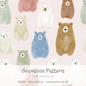 May include: A seamless pattern featuring cartoon bears in various colors, including white, blue, and brown, on a light pink background. The bears have cute facial features and are evenly spaced. The text "Seamless Pattern" is displayed at the bottom.