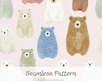 Niedliches und entspanntes nahtloses Bärenmuster, farbenfrohes Pastell-Teddybär-Digitalpapier, natürliches Tierdesign für Babys und Kinder, Aquarell-Hintergrundmaterial.