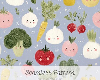 Niedliches, nahtloses Muster mit Gemüsemotiven, handgezeichnetes Digitalpapier im Aquarellstil für Kinder, zartes Stoffdesign für Babys, Kinderzimmerdekoration