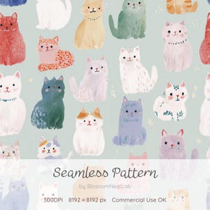 May include: A seamless pattern featuring watercolor illustrations of various colorful cats on a light green background. The cats are in different poses and colors, including red, blue, and yellow. The text "Seamless Pattern" is at the bottom.