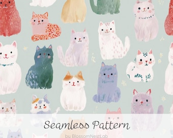 Niedliches Katzenmuster, farbenfrohes und kawaii Katzen-Digitalpapier, handgezeichnetes Tiermotiv, Aquarell-Pastell-Stoffdruck, Tapete