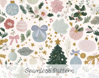 Handgemaltes, nahtloses Aquarellmuster mit Weihnachtsbäumen und -ornamenten, natürliches und elegantes digitales Weihnachtspapier mit verstreuten Bändern und Blumen, skandinavisches Weihnachtsstoffdesign.