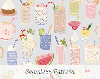 Nahtloses tropisches Getränkemuster, sommerliches Digitalpapier im Aquarellstil, niedliches Cocktailsaft-Design, pastellblauer Hintergrund, Strandtapete