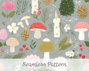 Autumn Woodland Seamless Pattern, Watercolor Cottagecore Nature Digital Paper, Fall Leaves, Pinecones, Mushrooms, Botanical Background