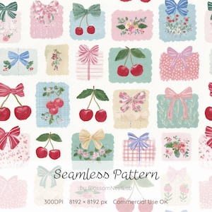 May include: A seamless pattern featuring hand-painted illustrations of red cherries, various bows in pink, blue, and cream, and floral arrangements on a white background. The text reads Seamless Pattern by BlossomNestLab 300DPI 8192 x 8192 px.