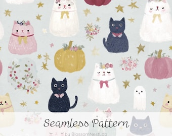 Cute Halloween Cat Seamless Pattern, Black Cat and White Cat Pumpkin Digital Paper, Kawaii Autumn Fall Wallpaper, Pastel Watercolor Design