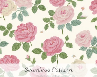 Nahtloses Aquarell-Rosenmuster, romantisches, handgemaltes Rosen-Digitalpapier, floraler Vintage-Hintergrund, feminines Stoffdesign im Landhausstil