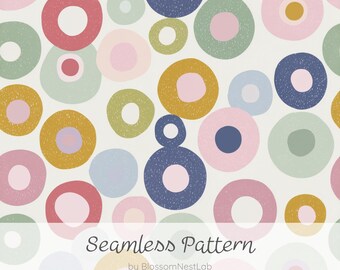 Nahtloses Punktmuster, abstrakte Pastellkreise, skandinavisches Retro-Digitalpapier, niedliche und minimalistische Tapete, Stoff, digitaler Download