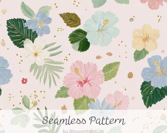 Nahtloses Hibiskusmuster in Pastellfarben, botanisches Digitalpapier im Aquarellstil, tropisches, farbenfrohes Stoffdesign, feminines Sommer-Hintergrundmaterial.