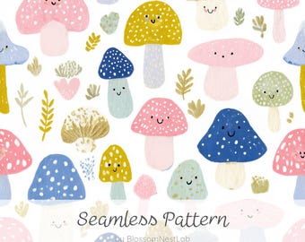 Cute Mushroom Seamless Pattern, Kawaii Autumn Fall Mushroom Characters Digital Paper, Whimsical Kids Woodland Wallpaper, Nursery Decor