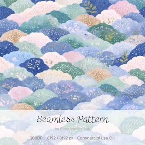 May include: A seamless pattern featuring a repeating design of stylized, layered shapes in shades of blue, green, pink, and beige. The pattern has a watercolor effect, with soft edges and a textured appearance. The text "Seamless Pattern" is displayed at the bottom.