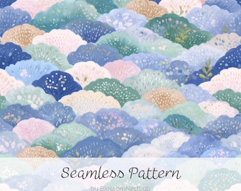 Nahtloses Muster mit sanften japanischen Wellen, digitales Papier im Aquarellstil mit Meer- und Pflanzenmotiven, Hintergrund mit zarten Meeresmotiven in Pastellfarben, abstrakte Wellen, moderne Tapete im asiatischen Stil, japanisches Stoffdesign