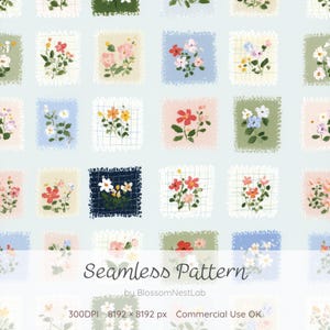 Könnte beinhalten: Ein nahtloses Muster mit floralen Designs in verschiedenen Farben, darunter Rosa, Rot, Gelb und Weiß, vor einem hellblauen Hintergrund. Jedes Blumenarrangement ist in einem Quadrat mit strukturiertem Rand gerahmt. Der Text "Seamless Pattern" ist zu sehen.