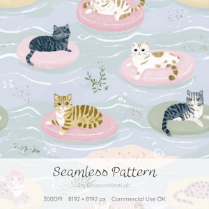 Puede incluir: Patrón sin costuras con ilustraciones en acuarela de gatos en flotadores rosas en agua azul claro. Los gatos, con diseños atigrados y calicó, crean un diseño juguetón y caprichoso, ideal para tela o papel pintado.