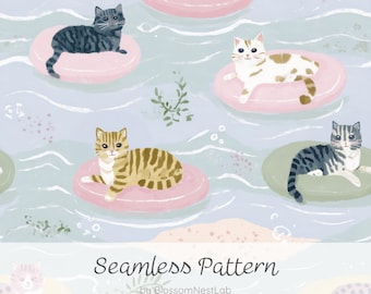 Nahtloses Muster einer Katze, die auf einem Schwimmring im Meer entspannt, sommerliches Aquarell-Digitalpapier, niedliches Kätzchenmotiv am Strand, pastellfarbener Hintergrund, Stoffdesign für Kinder