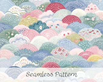 Nahtloses Design mit sanftem japanischem Wellenmuster, handgezeichnetes, geschwungenes Digitalpapier im Bilderbuchstil, farbenfroher Hintergrund in zarten Farbtönen, japanisches Stoffdesign, abstrakte Wellen in Pastellfarben, moderne asiatische Tapete