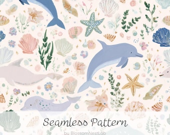 Naadloze patronen van dolfijnen en schelpen, meisjesachtig digitaal papier in aquarel-stijl met een oceaan-thema, pastelkleurige zomerse stofontwerpen en zachte behangsoorten met zeesterren en schelpen.