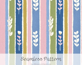 Nahtloses Aquarell-Blumenstreifenmuster, Tapete im skandinavischen Volkskunststil in Pastellfarben, nordischer Stil, Digitalpapier, Stoff-/Textildesign, hochauflösendes JPG