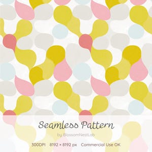 Könnte beinhalten: Nahtloses Musterdesign mit abstrakten Formen in Gelb, Rosa, Hellblau und Weiß. Das Design enthält den Text "Seamless Pattern" von BlossomNestLab, mit Details zur Bildauflösung und kommerzieller Nutzung.