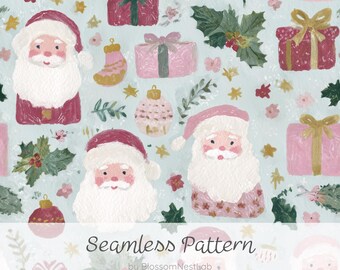 以下が含まれることがあります： サンタクロース、リボン付きのピンクと赤のギフトボックス、ヒイラギの葉、オーナメントのイラストが描かれたシームレスなパターン。水色の背景に、Seamless Pattern by BlossomNestlab 300DPI 8192 x 8192 px Commercial Use OKというテキストが記載されています。