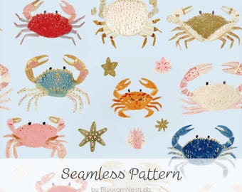 Cute Crab Seamless Pattern, Colorful Ocean Animals Pattern, Summer Beach Design, Nautical Kids Pattern, Starfish Sea Life Digital Paper