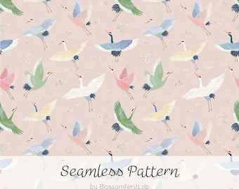 Naadloos patroon van Japanse kraanvogels, digitaal aquarelpapier met vliegende vogels, Japanse kimono-achtergrond, pastelkleurig stofontwerp, digitale download