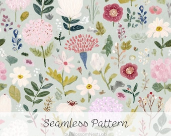 Nahtloses, natürliches Blumenmuster, weiches, handgemaltes Aquarell-Digitalpapier, botanisches Blumenhintergrundmaterial, Tapete im Landhausstil