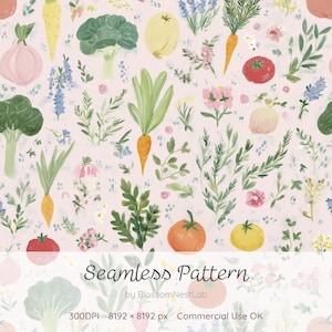 May include: A seamless pattern with watercolour illustrations of vegetables and flowers on a pale pink backdrop. The design includes carrots, tomatoes, broccoli, onions, and floral accents. The text "Seamless Pattern" is displayed at the bottom.