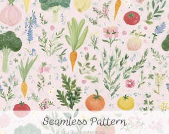 Nahtloses Aquarell-Gemüsemuster, handgezeichnetes botanisches Digitalpapier mit Gemüse und Kräutern, Landhausstil, Hintergrundmaterial im Cottagecore-Stil, für Küchenutensilien